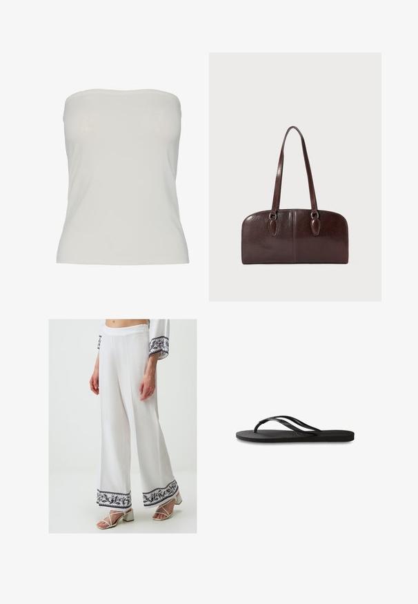 Pieces PCMADISON TUBE - Top - cloud dancer; White wide-leg pants with a textured finish. Hem features a navy floral pattern and decorative trim. Paired with white strappy sandals.; Black flip-flop featuring a textured rubber sole, two slender straps, and a subtle, embossed logo detail on the strap.; Brown leather handbag with two long handles, a structured rectangular shape, smooth texture, and rounded edges. Features accent details at the handles.