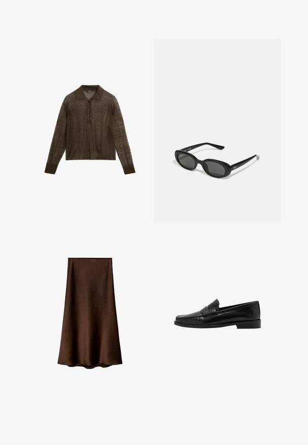 Polo marron à manches longues en tissu léger, avec un col, une patte de boutonnage et des poignets côtelés.; Mango Jupe longue - brown; Mango Chaussons - black; Lunettes de soleil noires avec des verres ovales, monture en plastique brillant et branches fines. Présente le logo Ray-Ban en blanc sur le côté.