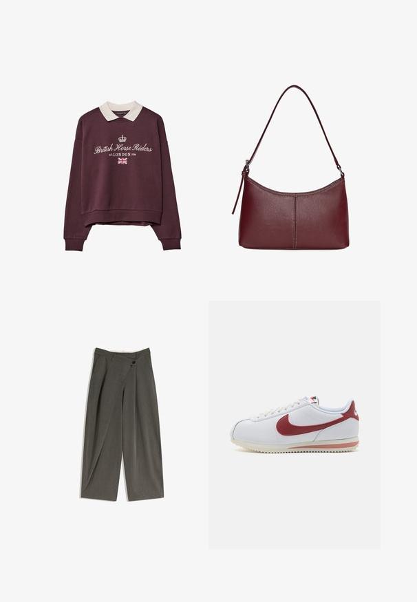 Vinröd sweatshirt med vit krage, prydd med "British Horse Riders" och en krona. Innehåller tryck av Union Jack och "LONDON 1994".; Vidbenade byxor i mörkgrått tyg. Har en slät framsida, sidofickor och en knappknäppning. Slät textur och skräddarsydd passform.; Vit sportskor med röd swoosh, texturerad läderöverdel, platta snören, gummisula och zick-zack mönster på yttersulan.; Vinröd läderhandväska med en böjd form, en enkel axelrem och sömnadsdetaljer i mitten. Slät textur, minimal hårdvara.