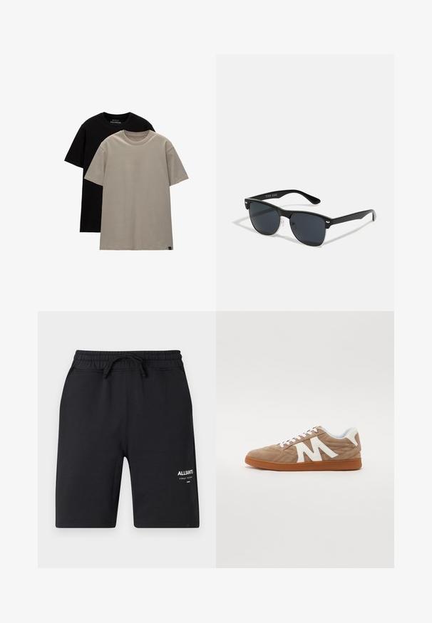 Set de două tricouri; unul negru, unul bej deschis. Croială normală, cu guler rotund, realizate dintr-un material moale din bumbac. Design simplu, fără modele.; Pantaloni scurți negri din bumbac, cu talie elastică, șnur de ajustare și detalii albastre cu logo. Textură fină și design până la genunchi.; Tenis cu șireturi, cu un superior din suede maro, accente din țesătură albă, design matlasat și o talpă din cauciuc maro. Are un logo proeminent „M”. ; Ochelari de soare negri cu o formă rectangulară, lentile întunecate, accente argintii la tâmple și un finisaj mat pe cadru.