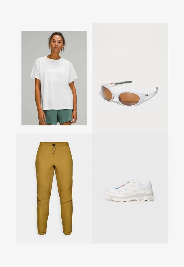 Bijela pamučna majica kratkih rukava, zaobljenog izreza, opuštenog kroja, nosi se s zelenim kratkim hlačama. Glatka tekstura, bez vidljivih uzoraka ili akcenata.; Lagane hlače boje senfa od sintetičkog materijala, s elastičnim pojasom i vezicom te sužavajućim nogavicama s detaljima od panela.; Bijela atletska obuća s teksturiranim mrežastim gornjim dijelom, reflektirajućim detaljima i podstavljenim potplatom. Značajan logo brenda sa strane.; Bijele sunčane naočale s smešnim lećama, ovalnog oblika, izrađene od glatke plastike, sivi detalji na ručkama i logotip na okviru.