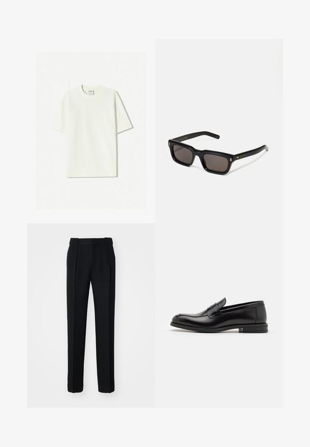 T-shirt bianco oversize in cotone con collo rotondo, maniche corte e un'etichetta cucita nel collo. Texture liscia, design minimalista.; Filippa K RELAXED PLEATED - Pantaloni - black; Mocassini neri in pelle con una texture liscia, punta arrotondata e una striscia decorativa sulla tomaia. Tacco basso impilato, design minimalista.; Occhiali da sole neri rettangolari con lenti scure, montatura spessa in plastica, dettagli dorati sulle tempie e logo del marchio inciso sull'asta.
