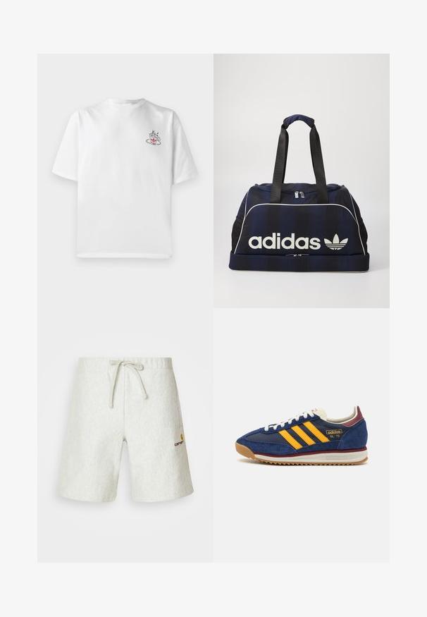 Hvit bomull t-skjorte med korte ermer, med et lite rosa og svart kaffekoppmotiv på venstre brystområde.; Lys grå shorts laget av et teksturert materiale. Har en justerbar snøring i midjen og en liten logo på venstre side.; Marineblå suede sneakers med gule striper, hvite lisser og burgunder detaljer. Teksturert såle med spor for grep. Merkevarenlogo på siden.; Marine duffelveske med hvitt Adidas-logo, med glidelås i toppen, to solide svarte håndtak og sidelommer i mesh. Glatt stoffstruktur.