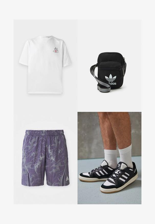 Hvit bomull t-skjorte med korte ermer, med et lite rosa og svart kaffekoppmotiv på venstre brystområde.; Lilla treningsshorts med abstrakte sølvmønstre, elastisk midje, sidelinjer og Adidas-logo nederst på høyre ben.; Sorte og hvite sneakers med overdel i semsket skinn og lær, med tre hvite striper, perforert tå og en såle av gummi.; Svart stoff crossbody veske med glidelås, med en hvit Adidas-logo og enstripet justerbar stropp for enkel bæring.