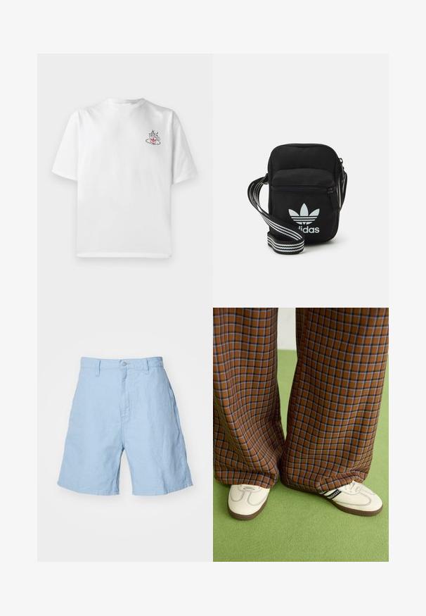 Biela bavlnená tričko s krátkymi rukávmi, s malou grafikou ružového a čierneho šálky kávy na ľavej strane hrudníka.; Svetlomodré ľanové šortky s gombíkom a zipsom, so zúženým strihom a dvoma bočnými vreckami. S jasnou textúrou, dĺžka po polovicu stehna.; Hnedé a modré kárované nohavice s širokými nohavicami skombinované s bielymi topánkami s čiernymi akcentmi a textúrovanými podrážkami, umiestnené na zelenom pozadí.; Čierna textilná crossbody taška so zipsovým uzáverom, ktorá má biele logo Adidas a pruhovaný nastaviteľný popruh pre jednoduché nosenie.