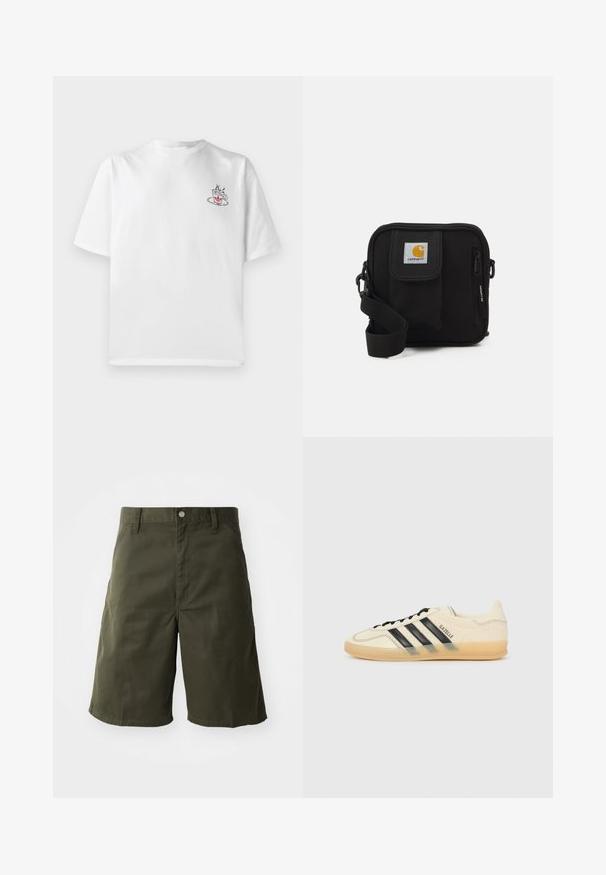 Weißes Baumwoll-T-Shirt mit kurzen Ärmeln, das auf der linken Brustseite ein kleines pinkes und schwarzes Kaffeetassen-Graphic zeigt.; Grüne Baumwollshorts mit geradem Bein, ausgestattet mit einem Knopfverschluss und seitlichen Taschen. Glatte Textur, knielange Schnittform.; Helle Creme Sneaker mit schwarzem Drei-Streifen-Design, strukturiertem Obermaterial, runder Zehenpartie und Gummisohle. Verfügt über Schnürsenkel und Branding an der Seite.; Schwarze Umhängetasche mit einem Reißverschluss-Hauptfach, einer Fronttasche, einem verstellbaren Tragegurt und einem sichtbaren Logo-Patch auf dem Deckel.