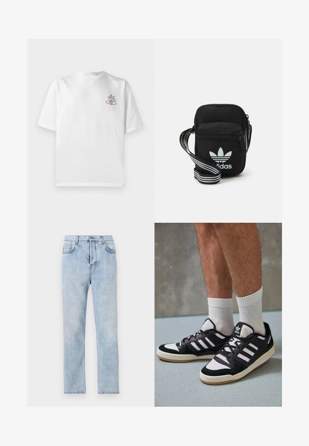 Bílý bavlněný tričko s krátkým rukávem, se malým růžovým a černým potiskem šálku kávy na levém prsou.; Světle modré denimové džíny se střihováním rovného nohavice, pěti kapsami a viditelným šitím. Materiál je měkký s mírně bledým povrchem.; Černobílé tenisky s vrchní částí z semišové a kožené kůže, včetně tří bílých pruhů, perforovaného špičky a podrážky z gumy.; Černá crossbody taška z látky se zipovým uzávěrem, obsahující bílé logo Adidas a pruhovaný nastavitelný popruh pro snadné nošení.