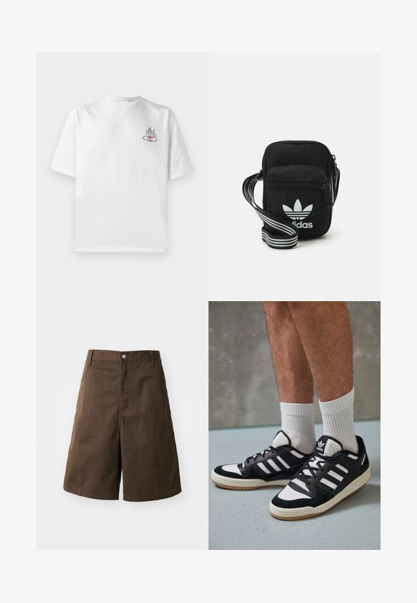 Witte katoenen t-shirt met korte mouwen, met een kleine roze en zwarte koffiecup graphic op de linker borstzijde.; Bruine katoenen shorts met een rechte pasvorm, voorzien van een knoopsluiting, riemlussen en zonder zichtbare patronen of accenten.; Zwart-witte sneakers met een bovenwerk van suede en leer, voorzien van drie witte strepen, een geperforeerde neus en een rubberen gumzool.; Zwarte stoffen schoudertas met een ritssluiting, voorzien van een wit Adidas-logo en een gestreepte, verstelbare schouderband voor gemakkelijk dragen.