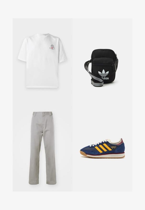 Weißes Baumwoll-T-Shirt mit kurzen Ärmeln, das auf der linken Brustseite ein kleines pinkes und schwarzes Kaffeetassen-Graphic zeigt.; Graue Baumwollhose mit geradem Bein, flachem Frontbereich, Gürtelschlaufen und einem glatten Textur.; Marineblaues Wildleder-Sneaker mit gelben Streifen, weißen Schnürsenkeln und burgunderfarbenen Akzenten. Texturierte Sohle mit Rillen für besseren Grip. Markenlogo an der Seite.; Schwarze Umhängetasche aus Stoff mit Reißverschluss, ausgestattet mit einem weißen Adidas-Logo und einem gestreiften, verstellbaren Tragegurt für einfachen Transport.