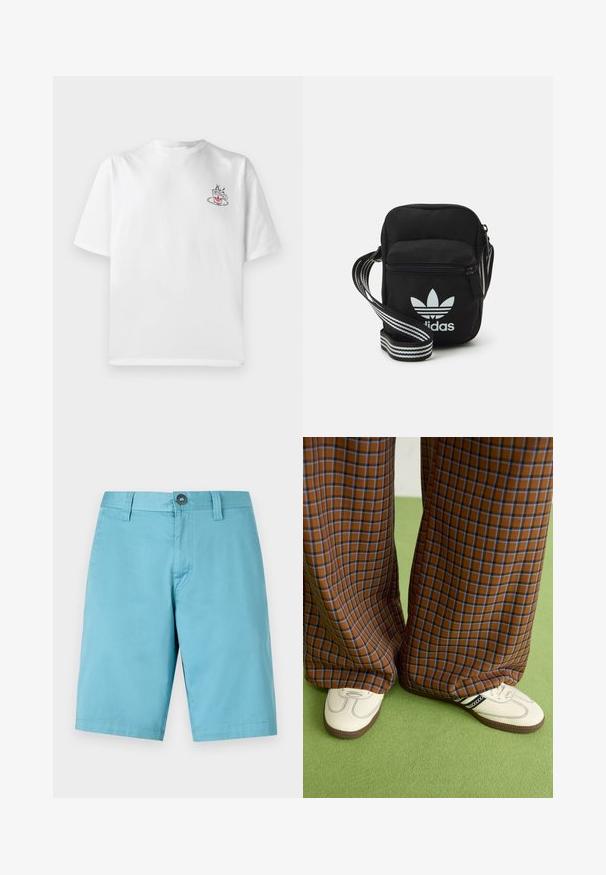 Biała bawełniana koszulka z krótkim rękawem, z małą różową i czarną grafiką filiżanki kawy na lewej stronie klatki piersiowej.; Jasnoniebieskie szorty wykonane z gładkiego materiału. Posiadają zapięcie na guzik i szlufki na pasek, mają prosty krój, który sięga do kolan.; Brązowo-niebieskie spódnice w kratę o szerokich nogawkach zestawione z białymi butami z czarnymi akcentami i teksturowaną podeszwą, na tle zielonego tła.; Czarna torba crossbody wykonana z materiału, z zamknięciem na zamek błyskawiczny, z białym logo Adidas oraz regulowanym paskiem w paski, co ułatwia noszenie.