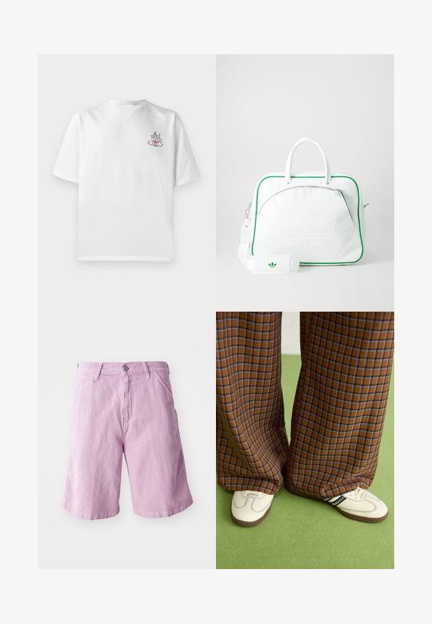 Hvit bomull t-skjorte med korte ermer, med et lite rosa og svart kaffekoppmotiv på venstre brystområde.; Lys lilla denimshorts med rett snitt, med knapp- og glidelås-lukking, fem lommers design og subtil tekstur.; Brune og blå rutete vide bukser sammen med hvite sko med svarte detaljer og teksturerte såler, satt mot en grønn bakgrunn.; Hvit lærveske med grønn kant, med et fremtredende preget logo, doble håndtak, en avtakbar stropp og en glidelås frontlomme.