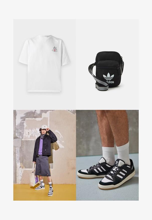 Balta medvilninė marškinėliai trumpomis rankovėmis, su mažo rožinio ir juodo kavos puodelio grafika kairėje krūtinės srityje.; Juodas švarkas, purpurinė marškinėliai, pilkos šortai ir balti sportbačiai su pilkų akcentų. Aksesuarai apima baltą kepurę ir raštuotą rankinę.; Juodos ir baltos sportinės bateliai su zomšiniu ir odiniu viršumi, su trimis baltomis juostelėmis, perforuota koja ir guminėmis padais.; Juodas audinio per petį nešiojamas krepšys su užtrauktuku, turintis baltą Adidas logotipą ir dryžuotą reguliuojamą diržą patogiam nešiojimui.