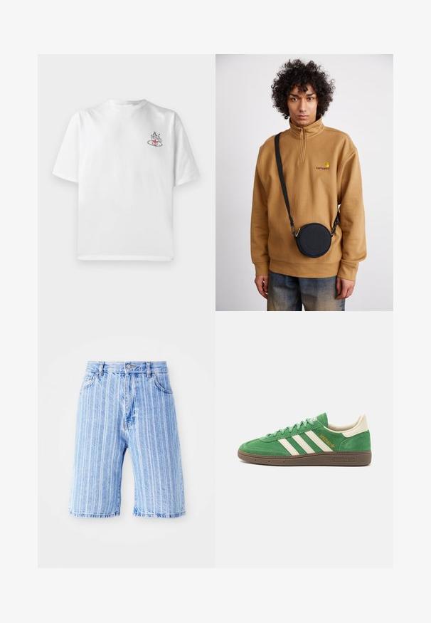 Biela bavlnená tričko s krátkymi rukávmi, s malou grafikou ružového a čierneho šálky kávy na ľavej strane hrudníka.; Svetlomodré džínsové šortky s vertikálnymi bielymi pruhmi, s klasickým dizajnom piatich vreciek a gombíkovým zapínaním v páse.; Zelené semišové tenisky s bielym trojpruhovým dizajnom, krémovými akcentmi a hnedou textúrovanou podrážkou. "SPEZIAL" vyšitý zlatom po boku.; Hnedý mikina s štvrťzipom z fleecu s vyšitým logom, so čiernou okrúhlou crossbody taškou so zipsom a detailom loga, nosená cez denim.