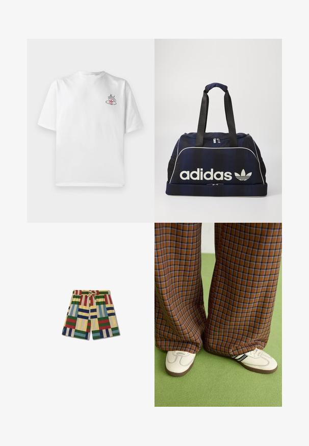 White cotton t-shirt with short sleeves, featuring a small pink and black coffee cup graphic on the left chest area.; Thinking Mu HENRY - Tracksuit bottoms - pale yellow; Brown and blue plaid wide-leg trousers paired with white shoes featuring black accents and textured soles, set against a green background.; Navy duffel bag with white Adidas logo, featuring a zippered top, two sturdy black handles, and side mesh pockets. Smooth fabric texture.