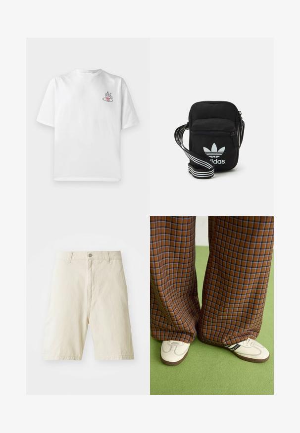 Valge puuvillane T-särk lühikeste varrukatega, millel on vasakul rinnal väike roosa ja must kohvikruusi graafika.; Beige puuvillased lühikesed püksid sirge lõikega, nööbi ja tõmbluku sulgemisega, kahe esise taskuga ja ühtlase tekstuuriga. Ei ole nähtavaid mustreid ega aktsente.; Pruunide ja siniste ruuduliste laiad püksid, mille juurde on kombineeritud valged kingad mustade aktsentidega ja tekstuursete taldadega, roheline taust.; Mustmust värvi risti koti, millel on tõmblukuga sulgemine, valge Adidas'i logo ja triibuline reguleeritav rihm mugavaks kandmiseks.