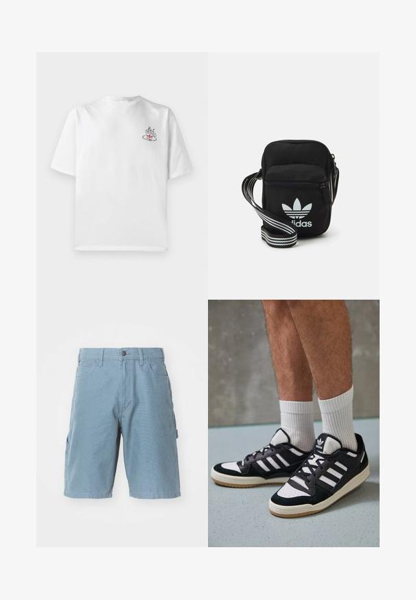 Biela bavlnená tričko s krátkymi rukávmi, s malou grafikou ružového a čierneho šálky kávy na ľavej strane hrudníka.; Modré bavlnené cargo šortky so rovnim strihom, ktoré majú predné a bočné vrecká, zapínanie na gombík a textúrovanú tkaninu.; Čierno-biele tenisky s vrchom z semišu a kože, s troma bielymi pruhmi, perforovanou špičkou a gumovou podrážkou.; Čierna textilná crossbody taška so zipsovým uzáverom, ktorá má biele logo Adidas a pruhovaný nastaviteľný popruh pre jednoduché nosenie.