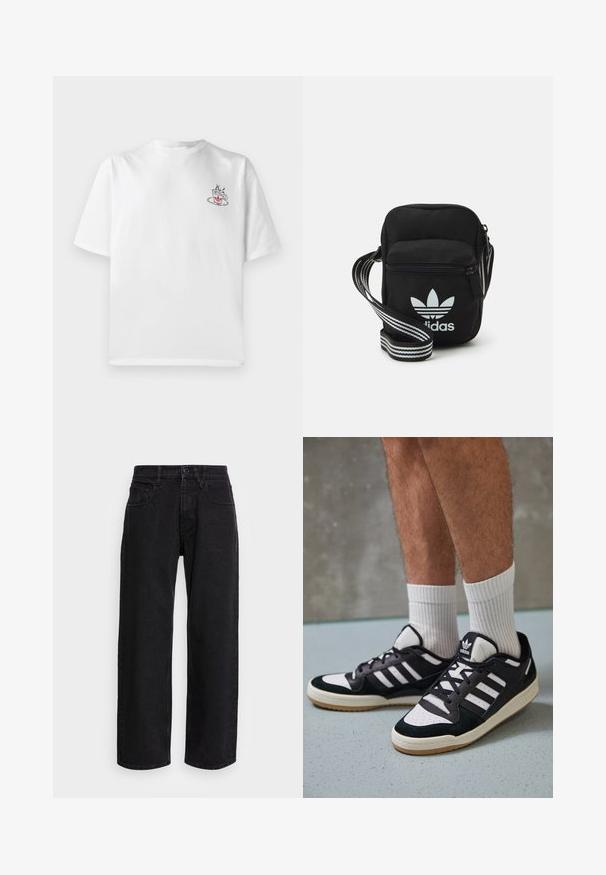 Valge puuvillane T-särk lühikeste varrukatega, millel on vasakul rinnal väike roosa ja must kohvikruusi graafika.; Mustad denim laiad põlvpüksid kõrge vöökohaga, viie-tasku ja nööp sulguri külge. Kanga pinna tekstuur on sile ja kerge venivusega.; Mustvalged ja valged spordijalatsid, mille pealmine osa on valmistatud suede'ist ja nahast. Kingadel on kolm valget riba, auguline varvas ja kummist tald.; Mustmust värvi risti koti, millel on tõmblukuga sulgemine, valge Adidas'i logo ja triibuline reguleeritav rihm mugavaks kandmiseks.