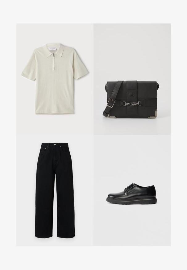 Short-sleeve polo shirt in light beige with a zippered collar. Made of smooth fabric, features a simple, modern design without patterns.; Black wide-leg pants made of cotton, featuring a high waist, front pockets, silver-tone button, and clean hemline.; Black leather lace-up Oxford shoe with thick sole and "WATERMAN" embossed on side, shown in profile on light gray background.; Black leather messenger bag with a textured finish, metal hardware accents, adjustable strap, and a flap closure featuring buckle details.