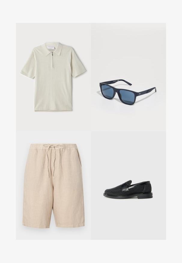 Polo à manches courtes en beige clair avec un col zippé. Fabriqué en tissu lisse, il présente un design simple et moderne sans motifs.; Shorts en lin de couleur beige clair avec une taille élastique, un cordon de serrage réglable et des poches latérales. Texture lisse avec une coupe décontractée.; Chaussure slip-on tissée noire avec un accent en cuir lisse sur le dessus, un design à bout rond et une semelle en caoutchouc à profil bas.; Lunettes de soleil rectangulaires bleues avec verres foncés, monture mate marine, détail de logo sur la branche, branches droites et texture lisse et uniforme.