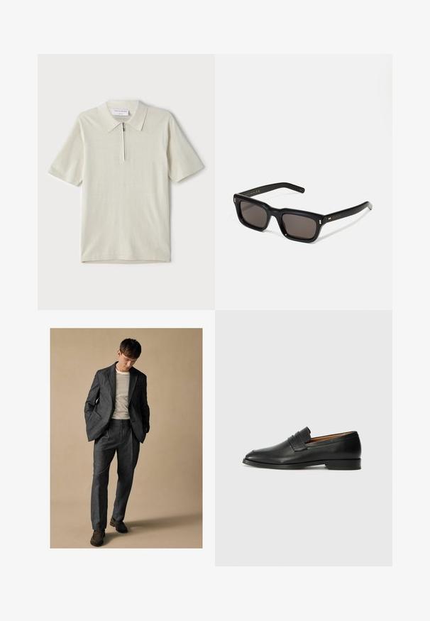 Šviesiai bežinis trumpomis rankovėmis polo marškinėliai su užtrauktuku ant apykaklės. Pagaminti iš lygaus audinio, pasižymi paprastu, moderniu dizainu be raštų.; Pilkas pritaikytas kostiumas su įpjovomis apykaklėmis ir priekinėmis kišenėmis, derinamas su dryžuotu marškiniais. Kelnės turi laisvą siluetą ir raukšlėtą detalizavimą. Rudos bateliai.; Juodas odinis loaferis su apvaliu nosiu, subtiliomis siuvimo detalėmis ir žemu kulnu, pasižymintis lygia tekstūra ir minimalistiniu dizainu.; Juodos stačiakampės akinių nuo saulės su tamsiais objektyvais, storu plastiko rėmu, auksinėmis detalėmis ant šventyklų ir prekės ženklo logotipu išgraviruotu ant šono.