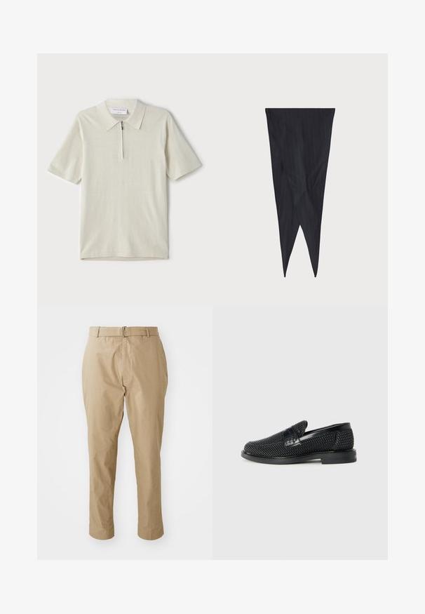 Vaate lyhythihaisista polo-paitojen vaaleassa beige-värissä, jossa on vetoketjukaulus. Valmistettu sileästä kankaasta, yksinkertainen ja moderni malli ilman kuvioita.; Beige chinos valmistettu sileästä puuvillasekoituksesta, jossa on slim fit -leikkaus, tasainen etuosa, vyölenkit ja yksinkertainen hopeinen solki minimalistisessa designissa.; Musta kudottu liukupohjallinen kenka, jossa on sileä nahkakorostus päällisessä, pyöreä kärki ja matala kumipohja.; Laivaston siniraitainen kangas, kapeneva muoto, pitkänomainen muoto, jossa terävät päät, sileä rakenne, jossa on pystysuorat raidat, ei näkyvää metalliosaa.