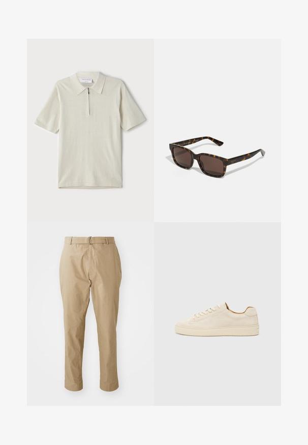 Short-sleeve polo shirt in light beige with a zippered collar. Made of smooth fabric, features a simple, modern design without patterns.; Beige chinos with a smooth cotton blend, featuring a slim fit, flat front, belt loops, and a simple silver buckle in a minimalist design.; Beige suede sneaker with a low-top design, round toe, flat laces, and a textured rubber sole. Minimalist style with no visible logos.; Gucci sunglasses with square, tortoiseshell plastic frames and brown lenses. Features subtle branding on the temples.