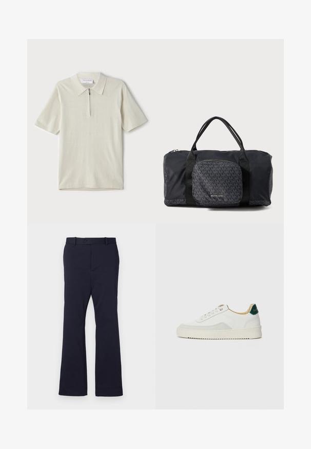 Koszulka polo z krótkim rękawem w jasnym beżu z zamkiem przy kołnierzu. Wykonana z gładkiej tkaniny, charakteryzuje się prostym, nowoczesnym wzornictwem bez wzorów.; Granatowe spodnie wykonane z gładkiego materiału, o prostym kroju nogawek, z przednimi kieszeniami i pojedynczym zapięciem na guzik w talii.; Białe trampki z zamszowymi akcentami, zaokrąglony czubek, płaskie sznurowadła i kremowa gumowa podeszwa. Posiadają zielone logo na pięcie.; Czarna torba sportowa Michael Kors z podwójnymi uchwytami, przednia kieszeń na zamek z powtarzającym się wzorem logo MK i brandingiem Michael Kors.