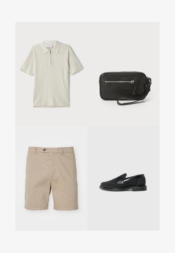 Īsām piedurknēm polo krekls gaiši bēšā krāsā ar rāvējslēdzāja apkakli. Izgatavots no gludas auduma, tam ir vienkāršs, mūsdienīgs dizains bez rakstiem.; Tiger of Sweden CAID - Šorti - moon stone; Melnas austas slaidu kurpes ar gludu ādas akcentu augšpusē, apaļas formas purngalu un zemas profila gumijas zoli.; Melnas ādas clutch soma ar teksturētu virsmu, priekšējo rāvējslēdzēja kabatu un noņemamu roku siksnu. Iekļauts logotipa uzlikums priekšpusē. Taisnstūra forma.