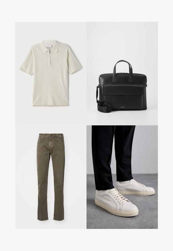 Polo majica kratkih rukava u svijetloj bež boji s zatvaračem na ovratniku. Napravljena od glatkog materijala, sadrži jednostavan, moderan dizajn bez uzoraka.; Maslinzaste zelene traperice od pamuka sa ravnim nogavicama, s pet džepova, petljicama za remen i diskretnim detaljima šivanja.; Svijetlosmeđi kožni tenisice s ravnim vezicama, teksturiranom površinom i kontrastnom kremasto bijelom gumom potplatom, uparene s crnim suženim hlačama.; Crna kožna aktovka s dvije gornje drške, prednjim džepom i sklopivim remenom, s suptilnim brandingom na dnu.
