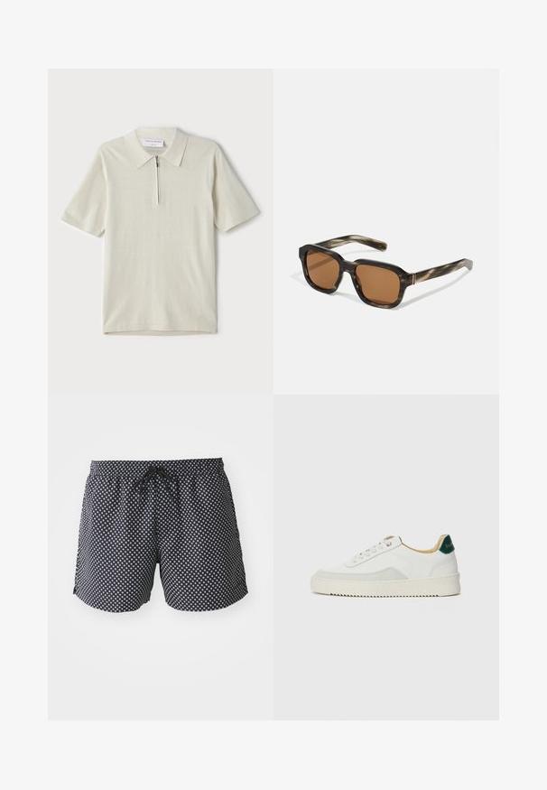 Kortermet polo skjorte i lys beige med glidelås i kragen. Laget av glatt stoff, har et enkelt, moderne design uten mønstre.; Sorte svømmebukser med et hvidt cirkulært mønster, elastisk talje med snor og en løs pasform for komfort.; Hvit sneakers med semsket detaljer, rund tå, flate snøringer og en kremfarget gummisåle. Har grønn merking på hælen.; Plastik solbriller med kappe-mønster, åttekantede brune linser og tynne gullfargete detaljer på rammen.