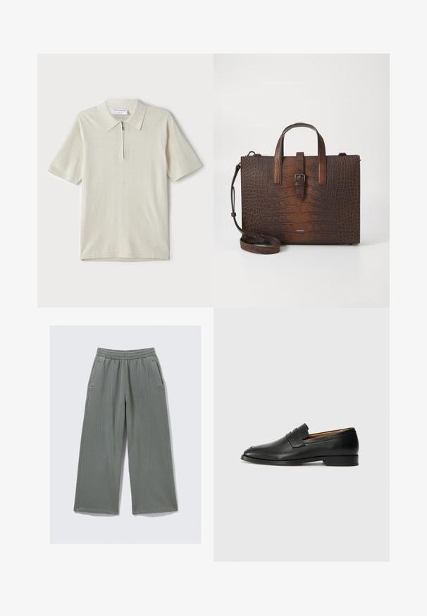 Kurzärmliges Poloshirt in hellbeige mit Reißverschlusskragen. Hergestellt aus glattem Stoff, bietet es ein einfaches, modernes Design ohne Muster.; Hellgraue, weit geschnittene Hose aus weichem Stoff, mit elastischem Taillenbund und zwei seitlichen Taschen, versehen mit sichtbaren Nähten.; Schwarze Leder-Slipper mit runder Zehenform, dezenten gestickten Details und niedrigem Absatz, ausgestattet mit glatter Textur und minimalistischem Design.; Braune Handtasche aus geprägtem Leder mit Ktopfhörern und einem abnehmbaren Schultergurt. Verfügt über einen Schnappverschluss und hat eine rechteckige Form.