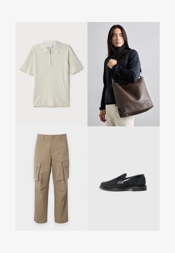 Korte mouwen polo in lichtbeige met een ritskraag. Gemaakt van gladde stof, voorzien van een eenvoudig, modern ontwerp zonder patronen.; Evisu KAMON SEAGULL PANTS - Cargobroek - beige; Zwartegeweven instap schoenen met een glad leren accent aan de bovenkant, een ronde neusontwerp en een laag profiel rubberen zool.; Bruine leren schoudertas met een slouchy ontwerp, gestructureerd oppervlak, zilveren hardwareaccenten en zijstuds, die gedragen kan worden met een afneembare schouderband.