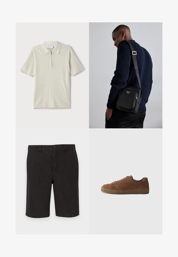 Kortærmet polo shirt i lys beige med lynlås-krave. Fremstillet af glat stof, med et enkelt, moderne design uden mønstre.; Sorte linnedragt med knaplukning foran, flad frontdesign og lige snit. Letvægtigt stof med en glat overflade.; Brune ruskind sneakers med rund tå, flade snørebånd og en tekstureret gummisål. Enkel design med minimalt pynt.; Sort læder crossbody taske med en lynlåslomme, logodetalje og en justerbar rem med brandnavn. Båret over en tekstureret marineblå sweater.