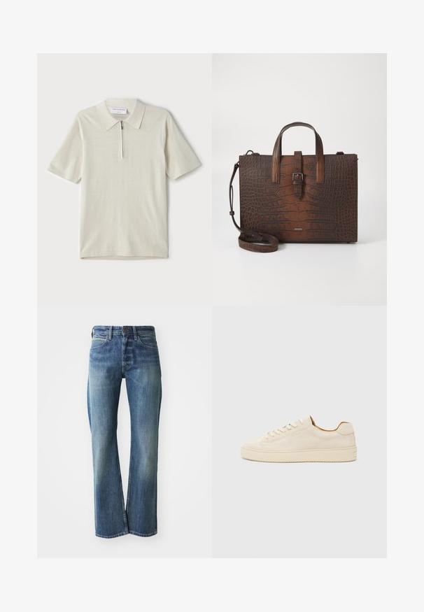 Šviesiai bežinis trumpomis rankovėmis polo marškinėliai su užtrauktuku ant apykaklės. Pagaminti iš lygaus audinio, pasižymi paprastu, moderniu dizainu be raštų.; Džinsai, turintys šviesiai iki vidutiniškai mėlynos spalvos atspalvį, tiesaus kirpimo, klasikinio penkių kišenių dizaino ir subtiliai nusidėvėjusią priekį.; Šviesiai rudos zomšinės sportbačiai su žemu profiliu, apvaliu pirštu, plokščiomis raišteliais ir tekstūruota guma. Minimalistinis stilius be matomų logotipų.; Rudos krokodilo rašto odos rankinė su viršutinėmis rankenomis ir nuimamu peties dirželiu. Yra sagties užsegimas ir stačiakampis pavidalas.