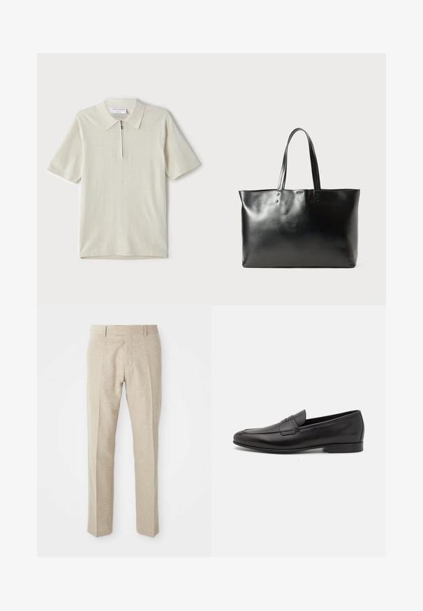 Polo de manga curta em bege claro com colarinho com fecho. Feito de um tecido suave, apresenta um design simples e moderno, sem padrões.; Calças beige ajustadas feitas de tecido texturizado, com frente plana, pernas retas e um cós tradicional com passantes para cinto.; Sapatilha masculina em couro preto, com salto baixo e um design clássico com tira de moeda, apresentada em perfil lateral sobre um fundo branco.; Bolsa tote de couro preto liso com duas alças de ombro, forma retangular e detalhes de costura sutis sobre um fundo branco.
