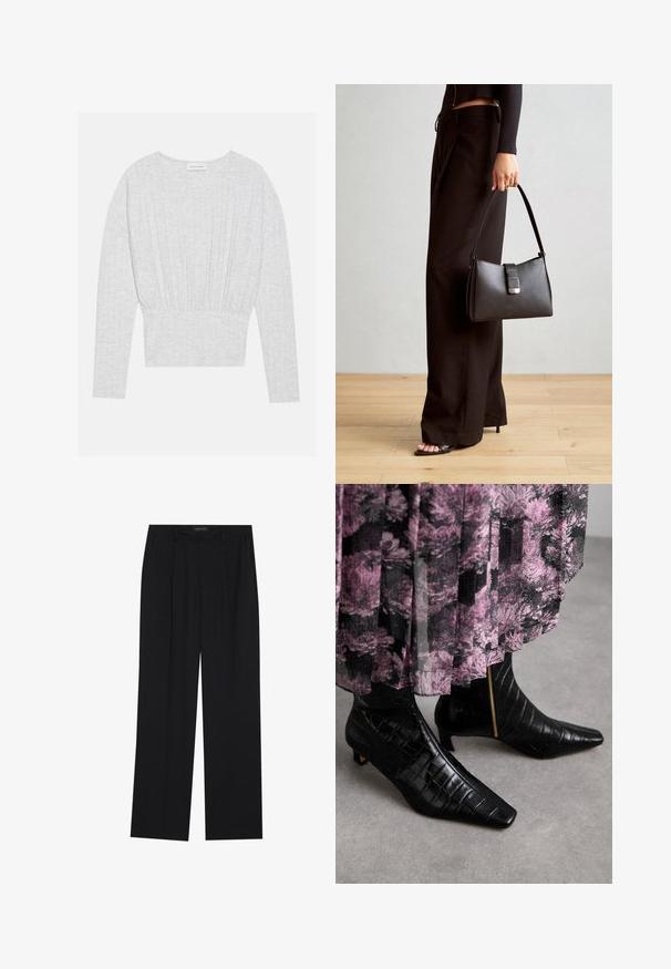 Lys grå langermet topp laget av myk stoff, med en tettsittende midje med rynkede detaljer og rund halsutskjæring.; Sorte bukser med rette ben, som har to frontlommer og en talje. Laget av et glatt, lett stoff.; Sorte lær ankle boots med krokodille tekstur, spiss tå og liten blokkhel; har en gull glidelås detalj på siden.; Svart håndveske med strukturert form, jevn tekstur og metallisk lås. Kombinert med brede svarte bukser og sandaler med åpen tå på tregulv.