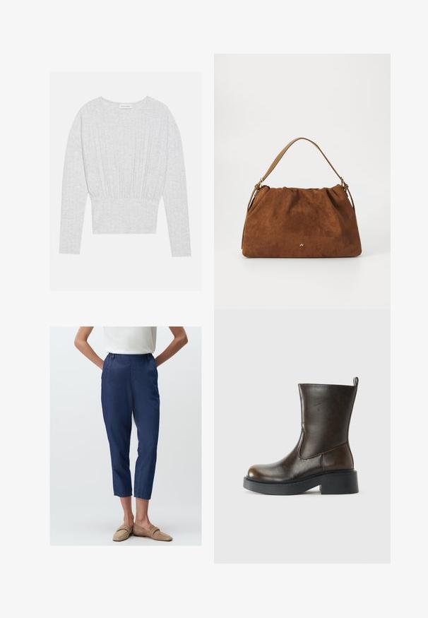 Jasnoszara, długosługa bluzka z miękkiego materiału, z dopasowaną talią z marszczeniami i okrągłym dekoltem.; Granatowe rybaczki z teksturowanej tkaniny, z elastycznym paskiem i bocznymi kieszeniami, w zestawieniu z beżowymi zamszowymi mokasynami.; Ciemnobrązowe skórzane botki do kostki z okrągłym czubkiem, grubą czarną podeszwą, niskim obcasem w kształcie bloku oraz pętelką z tyłu.; Brązowa torebka z zamszu o marszczonym wzorze, z pojedynczym paskiem w kolorze tan i subtelnym złotym logo z przodu.