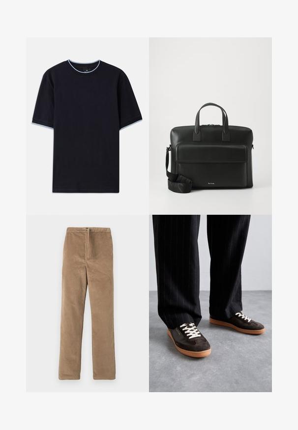 Dunkelblaues kurzärmeliges T-Shirt mit Rundhalsauschnitt, das an Kragen und Ärmeln mit hellblauen Akzenten versehen ist. Hergestellt aus weichem Baumwollstoff.; Braune Cordhosen mit elastischem Bund und vorderem Zugband, gerade Beinform, auf weißem Hintergrund präsentiert.; Dunkelbraune Wildledersneaker mit cremefarbenen Schnürsenkeln, weißen Akzenten und einer beige Gummisohle. Getragen mit schwarzer gestreifter Hose.; Schwarze Lederakte mit doppelten Obergriffen, einer Fronttasche und einem abnehmbaren Tragegurt, mit subtiler Markierung am Boden.