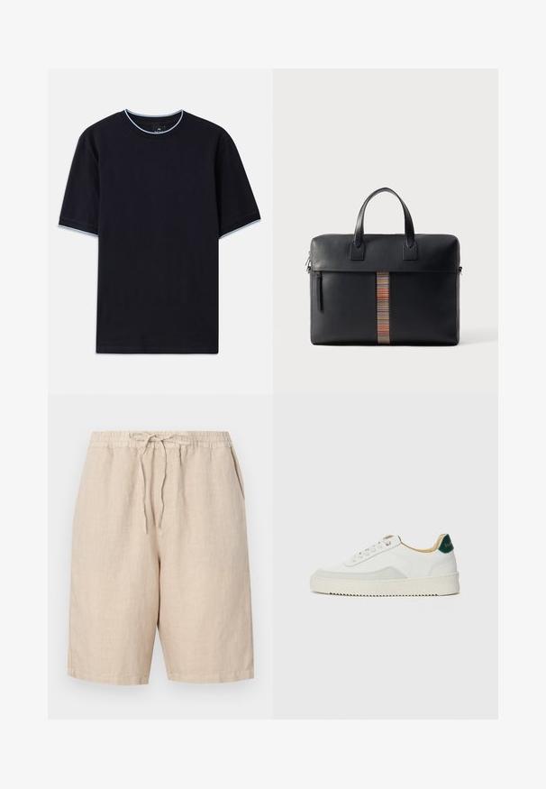 Mørkeblå kortærmet t-shirt med rund halsudskæring, udstyret med lys blå accent ved kraven og ærmerne. Lavet af blødt bomuldsstof.; Linnedragt i en lys beige farve med elastisk talje, justerbar snor og sidelommer. Glat tekstur med en afslappet pasform.; Hvide sneakers med ruskindsdetaljer, rund tå, flade snørebånd og en cremet gummisål. Har grøn branding på hælen.; Paul Smith BAG FOLIO UNISEX - Attachetasker - black
