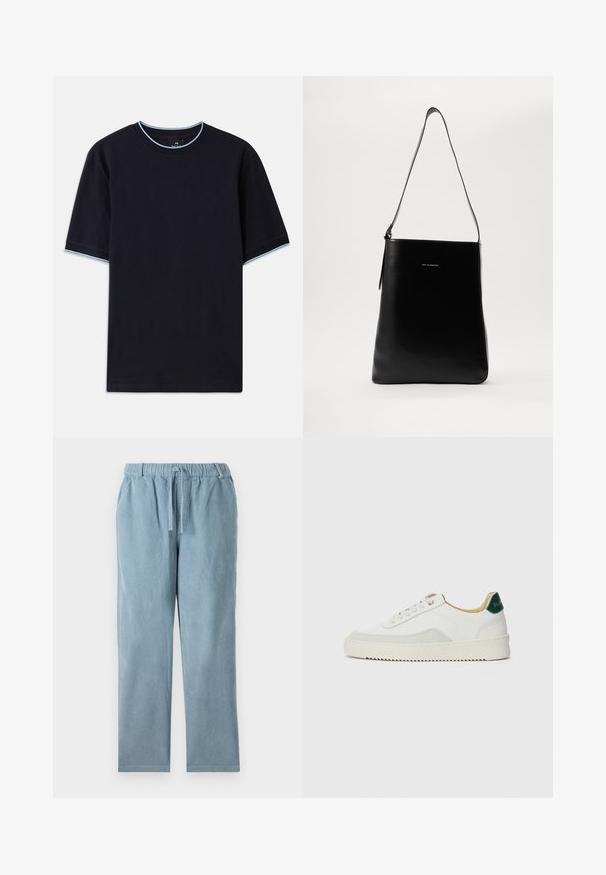 Dark blue short-sleeve t-shirt with a round neckline, featuring light blue accent at the collar and sleeves. Made of soft cotton fabric.; Light blue corduroy pants with an elastic waistband, drawstring, straight leg shape, and ribbed texture. No visible pockets.; White sneaker with suede accents, rounded toe, flat laces, and a cream rubber sole. Features green branding on the heel.; Black leather shoulder bag with a smooth texture, rectangular shape, and a long strap; features a small white logo at the center.
