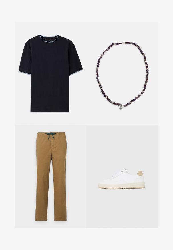 T-shirt a maniche corte di colore blu scuro con scollo rotondo, caratterizzato da dettagli azzurri al colletto e sulle maniche. Realizzato in morbido tessuto di cotone.; Pantaloni in cotone marroni con vita regolabile in teal. Il design presenta gambe dritte e nessuna tasca o decorazione visibile.; Sneaker bianche basse in pelle testurizzata, con suola rigata color crema e dettagli sul tallone color marrone chiaro. Presentano lacci bianchi e un logo sul tallone.; Collana di perline multicolori con perline blu scuro, rosse e gialle, intervallate da accenti argentati e un ciondolo pendente.
