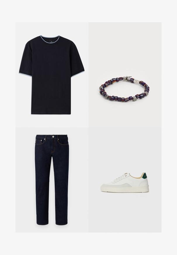 Temno modra kratka majica s kratkimi rokavi in okroglim izrezom, s svetlo modrimi poudarki na ovratniku in rokavih. Narejena iz mehke bombažne tkanine.; Temno modri kavbojke z ravnim krojem, ki imajo oranžne šive, pet žepov in sprednje zapiranje na gumb.; Bela trenerka z zaključki iz semiša, okroglo konico, ravne vezalke in kremna gumijasta podplata. Ima zeleno blagovno znamko na peti.; Beaded zapestnica z modro, oranžno in rumeno črtastimi kroglicami ter kovinskimi poudarki. Gladke in teksturirane različice kroglic ustvarjajo vizualni interes.