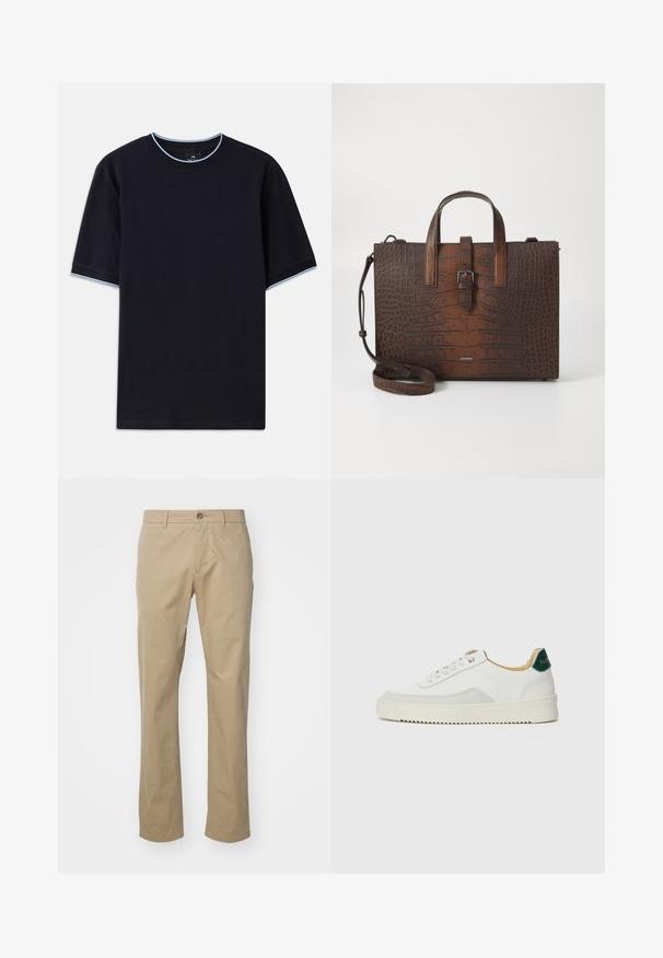 Tamno plava kratka majica s kapućinom, s okruglim izrezom, s svijetloplavim detaljima na ovratniku i rukavima. Izrađena od mekog pamučnog materijala.; Bež chinos hlače s ravnim krojem, izrađene od pamučne tkanine, s jednim gumbom sprijeda i standardnim pojasom s petljama za remen.; Bijele tenisice s akcentima od antilopa, zaobljenim vrhom, ravnim vezicama i krem gumenim potplatom. Imaju zelenu oznaku na peti.; Smeđa kožna torba s uzorkom krokodila, s gornjim ručkama i odvojivim remenom za rame. Ima kopču kao zatvaranje i pravokutni oblik.