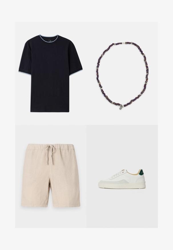 Tricou scurt cu mânecă scurtă de culoare albastru închis, cu un guler rotund, având accente de culoare albastru deschis la guler și la mâneci. Fabricat dintr-un material moale din bumbac.; 120% Lino MEN BERMUDA - Pantaloni scurți - sand; Sneaker alb cu accente din suede, vârf rotund, șireturi plate și o talpă din cauciuc crem. Are un logo verde pe călcâie.; Colier din mărgele multicolore cu mărgele de culoare albastru închis, roșu și galben, intercalate cu accente de argint și un pandantiv care atârnă.