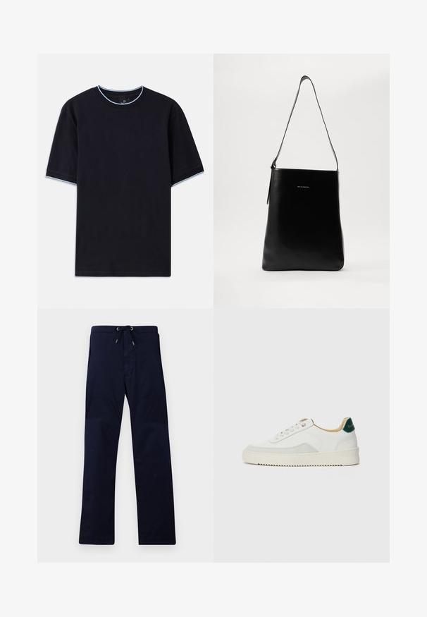 Donkerblauw T-shirt met korte mouwen en een ronde halslijn, voorzien van een lichtblauwe accentkleur bij de kraag en de mouwen. Gemaakt van zachte katoen stof.; Navyblauwe broek met een trekband in de taille, recht poten design en een gladde textuur. Voorzien van zijzakken en versterkte stiksels.; Witte sneaker met suède accenten, ronde neus, platte veters en een crème rubberen zool. Bevat groene branding op de hiel.; Zwarte leren schoudertas met een gladde textuur, rechthoekige vorm en een lange schouderband; bevat een klein wit logo in het midden.