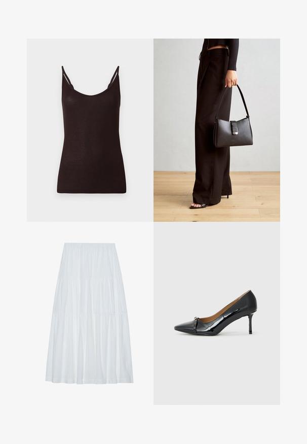 Črna majica brez rokavov z tankimi naramnicami, rebrasto teksturo in okroglo izrezom. Material se zdi mehak in prilegajoč, z minimalnimi šivi in brez vzorcev.; Bela večerna midi krila s elastikim pasom, ki vključuje teksturirano tkanino in subtilne vertikalne črte po celotni tkanini.; Črne lakirane visoke pete z ostrim nosom, dekorativnim trakastim detajlom spredaj in tankim stiletto peto.; Črna torbica z strukturirano obliko, gladko teksturo in kovinskim zaponko. Ujemajo se z širokimi črnimi hlačami in odprtimi sandali na lesenem tleh.