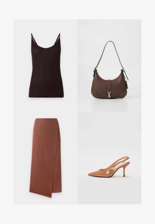 Μαύρη αμάνικη μπλούζα με λεπτές τιράντες, ραβδωτή υφή και στρογγυλή λαιμόκοψη. Το υλικό φαίνεται μαλακό και κολλητό, με ελάχιστες ραφές και χωρίς μοτίβα.; Καφέ, μακριές ριχτές φούστες από απαλό ύφασμα με ευθεία σιλουέτα. Διαθέτει πλαϊνό σκίσιμο για ευκολία κίνησης. Απλός σχεδιασμός χωρίς μοτίβα.; Γωνιακά παπούτσια με ανοικτή φτέρνα και μυτερή μύτη σε λείο, γυαλιστερό τόνο καφέ. Διαθέτει καμπυλωτό σχέδιο με κοψίματα και λεπτό στιλέτο τακούνι. Λεπτομέρεια από ασημένιο κούμπωμα.; Καφέ δερμάτινη τσάντα χειρός με στρογγυλό σχήμα, ασημένιες λεπτομέρειες και διακοσμητική ραφή. Διαθέτει ιμάντα για τον ώμο και κούμπωμα.