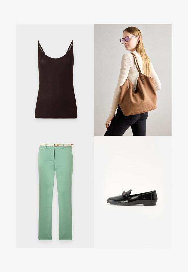 Melnas korsetes augšdaļas blūze ar plānām siksnām, ribotu tekstūru un apaļo izgriezumu. Materiāls šķiet mīksts un pieguļošs, ar minimālām šuvēm un bez rakstiem.; Gaiši zaļi kokvilnas bikses ar taisnas kājas piegriezumu, austs bēšs jostasvīts un priekšējās kabatas. Gluda tekstūra ar minimālu šuvju skaitu.; Melns lakots ādas loafers ar plakanu zoli, apaļu purngalu un dekoratīvu jostu ar zelta toņa akcentu. Gluda, spīdīga apdare.; Burgundijas zamšs tote soma ar mīkstu tekstūru, plašu atveri un garām siksnām. Iezīmē vienkāršu dizainu ar redzamām šuvēm un bez aparatūras.