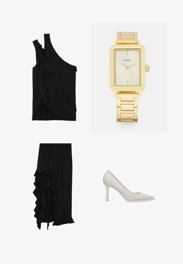 Asymmetrische zwarte top van zachte stof met rimpels aan de zijkant en een enkele band. Gladde textuur met gedrapeerde ontwerpelementen.; Zwarte rok van zachte stof met een gerimpelde rand aan de linkerkant en een flonkerendezoom aan de onderkant, wat een vloeiende silhouette creëert.; Beige hoge hakken met een spitse neus, stoftextuur en slanke stilettohak. Gladde zool met een subtiele glans.; Gouden rechthoekige polshorloge met een minimalistisch ontwerp, voorzien van een crèmekleurige wijzerplaat, gouden wijzers en een metalen schakelband. Merktekens bevatten de merknaam.