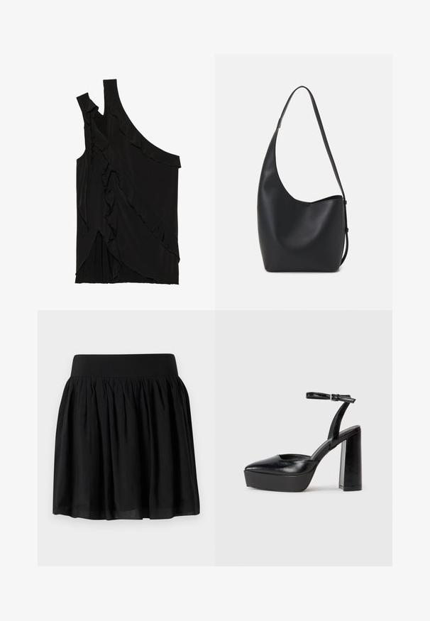 Ujevn svart topp i myk stoff med volanger langs siden og en enkelt stropp. Jevn tekstur med drapert design.; Svart stoffskjørt med bredt liv, samlet design og utsvingt form. Overflaten ser glatt ut med en lett finish.; Sorte plattformhelter med spiss tå og justerbar ankelrem. Laget av glatt lær, med en robust blokkhel.; Svart lær hobo-veske med glatt tekstur, buet form og enkelt justerbart stropp; har en bred åpning på toppen.